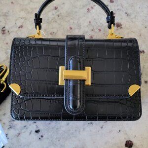 Neiman Marcus Black Crocodile Leather Crossbody Bag with Gold Hardware